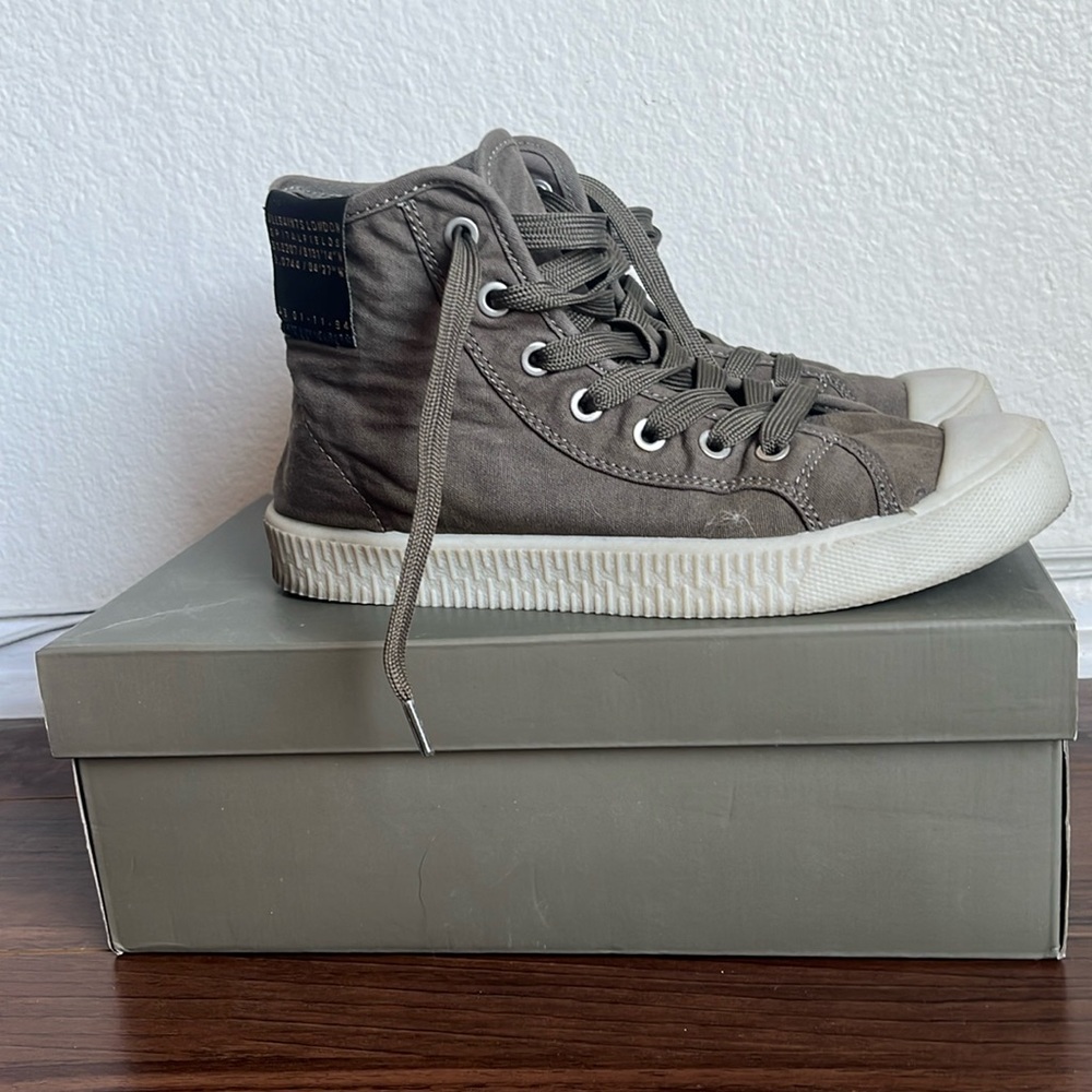 AllSaints Demmy High Top Sneakers Khaki Canvas Round Toe US 8